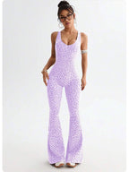 Leopard Print Cross Beauty Back Fitness Jumpsuit