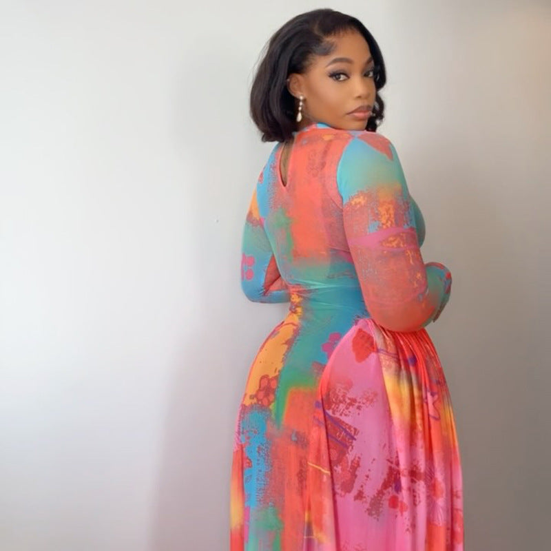 Vintage Crumbled Printed Patchwork A line Long Sleeve Dress