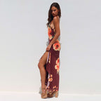 Floral Sheer Ribbon Slit Sheath Suspender Dress