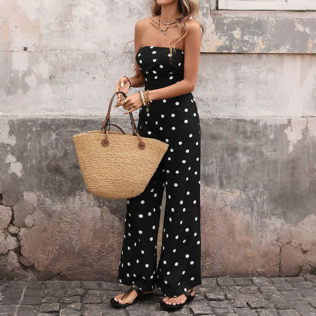 Polka Dot Strapless Jumpsuit – Smocked Tube Top Wide Leg