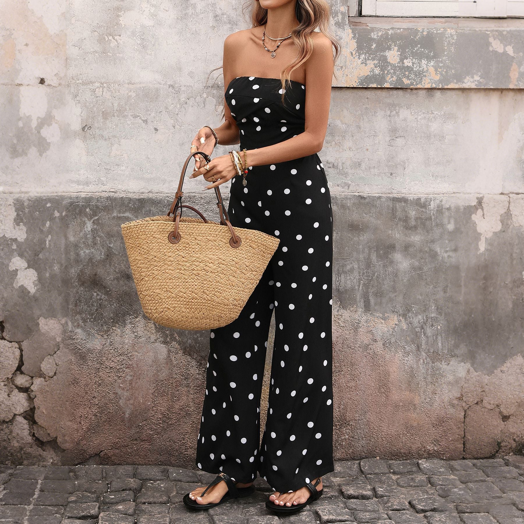 Polka Dot Strapless Jumpsuit – Smocked Tube Top Wide Leg