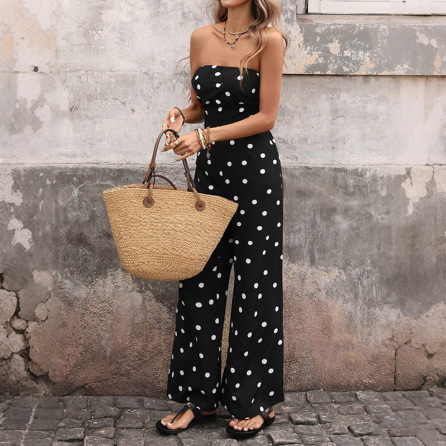 Polka Dot Strapless Jumpsuit – Smocked Tube Top Wide Leg