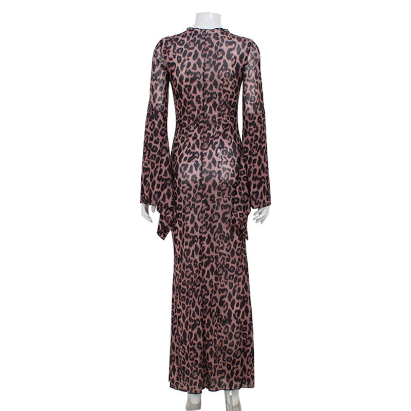 Printed Leopard Print Slim Fit Sheath Fishtail Dress