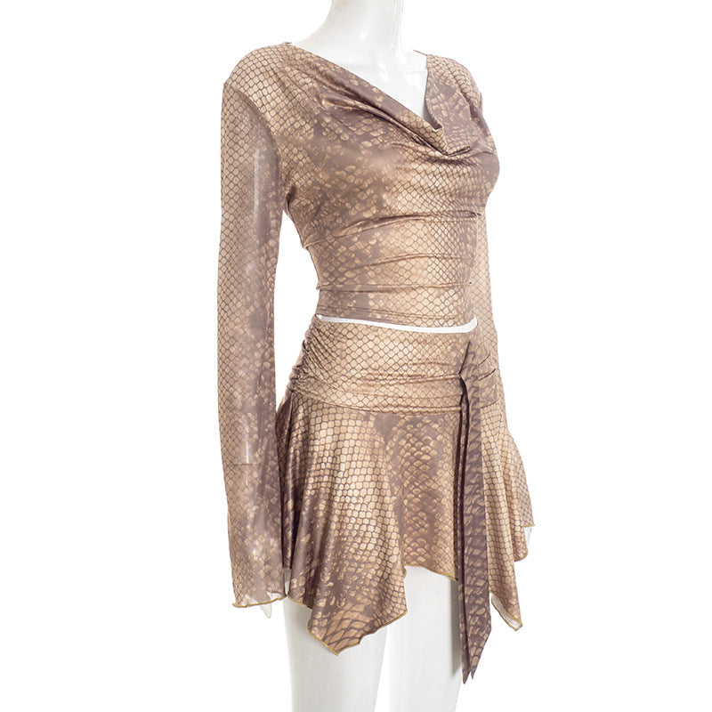 Snake Printed Long Sleeved Skirt Set
