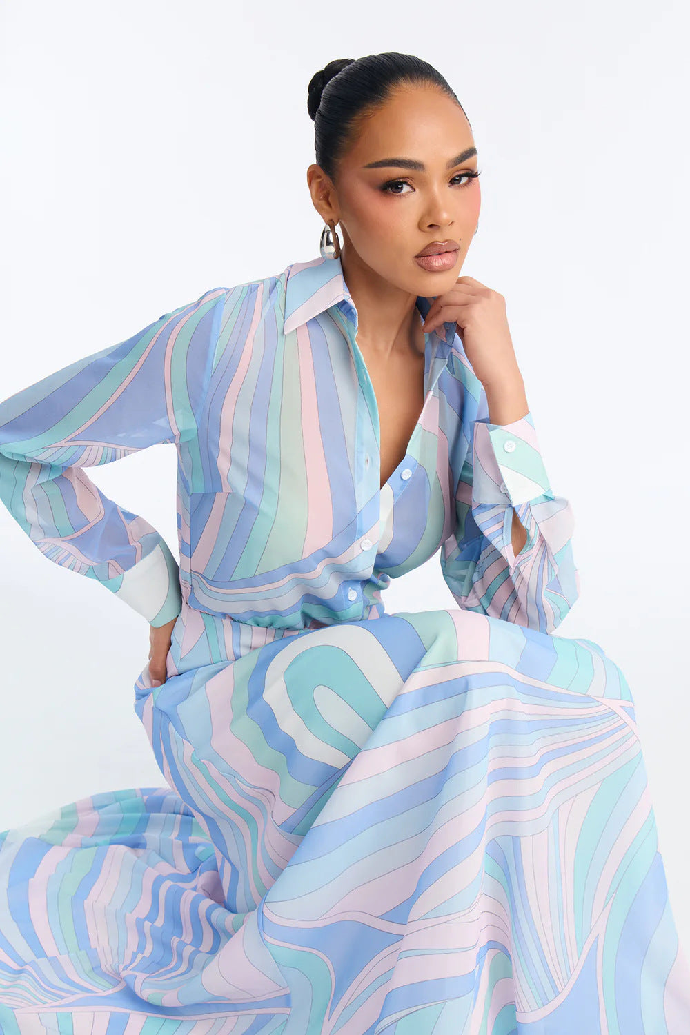 Printing Collared Long Sleeve T- Shirt Dress