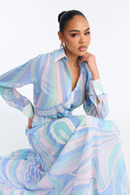 Printing Collared Long Sleeve T- Shirt Dress