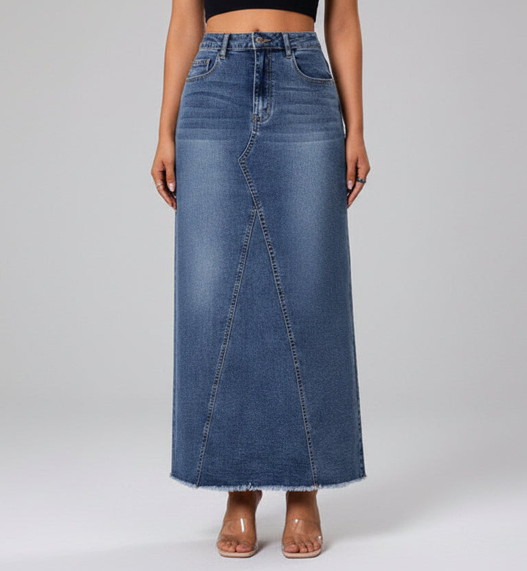 Fringed Sheath Fishtail Denim Skirt