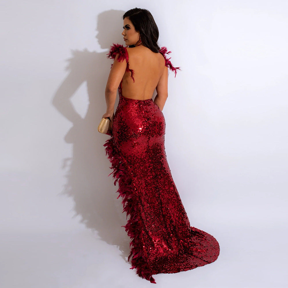 Feather Sling High Slit Sequins Backless Dress