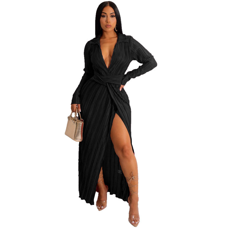 Slit Pleated Wrap Dress