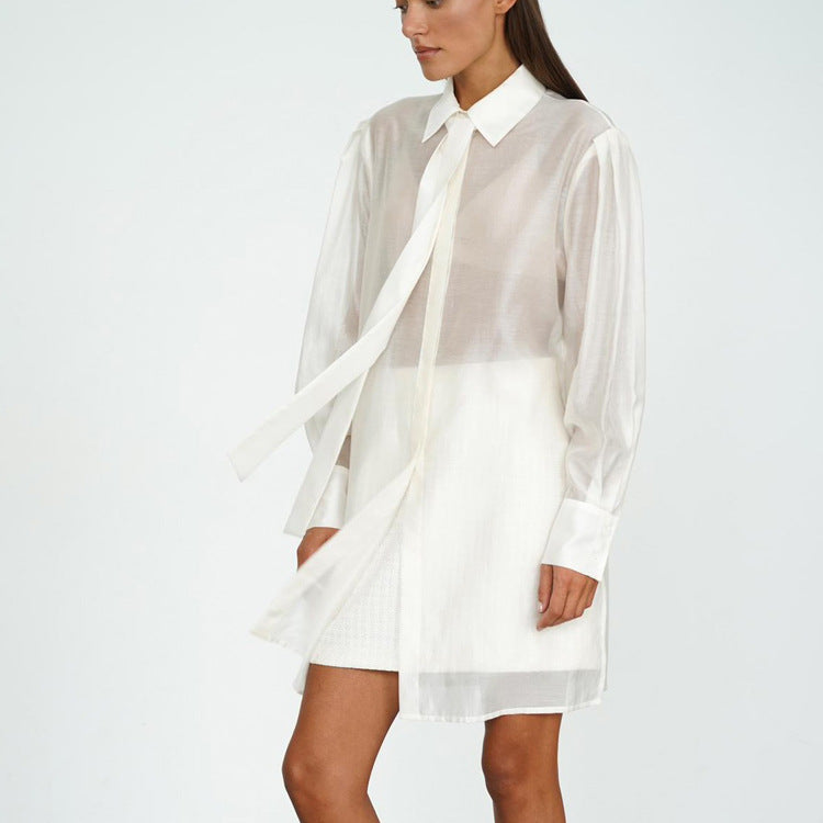 All Matching Turn down Collar Long Sleeve Tie Blouse