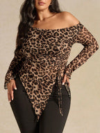 Curve off Shoulder Asymmetric Leopard Print Drawstring Top