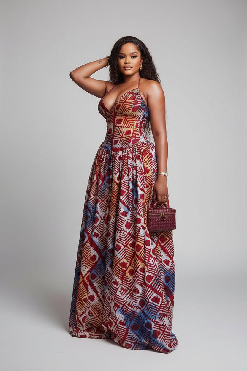 Printing A line Dress Strapped Backless Maxi Dress