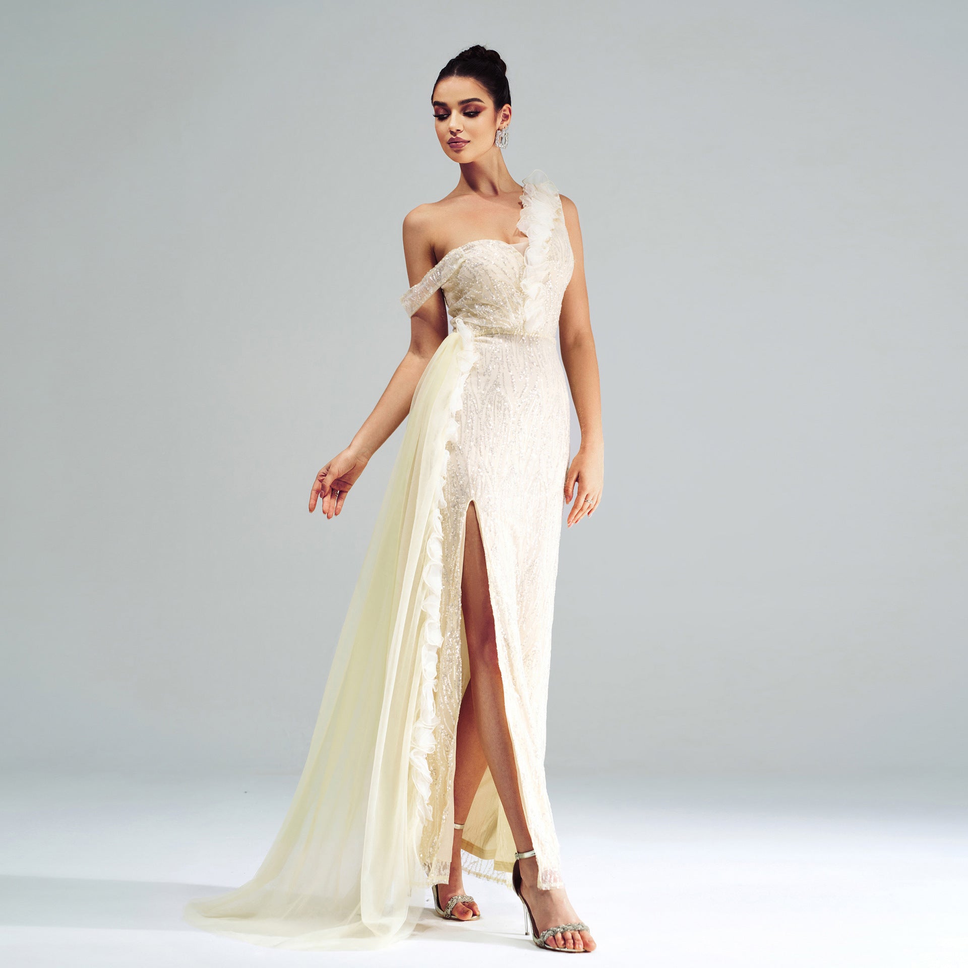 One Shoulder Sheath Sequined Split Wedding Dress