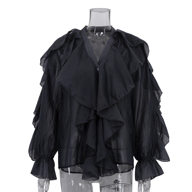 V neck Long Sleeve Ruffled Blouse
