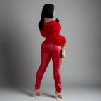 Off Shoulder Furry Short Top with Slim Fit Pants