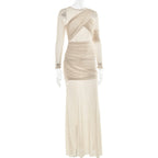 The Sheer Statement – Mesh Long Sleeve Ruched Maxi Dress
