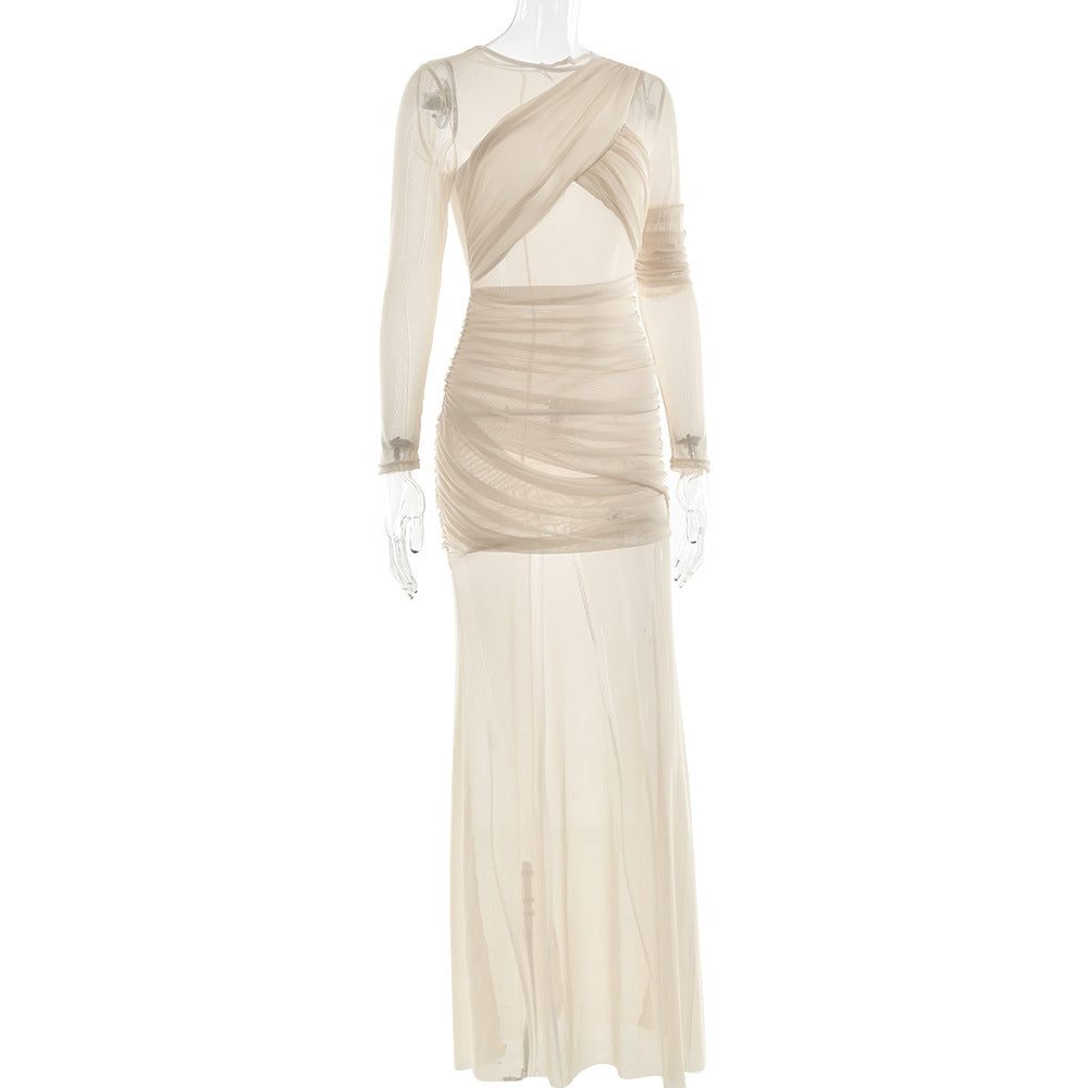 The Sheer Statement – Mesh Long Sleeve Ruched Maxi Dress