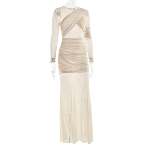 The Sheer Statement – Mesh Long Sleeve Ruched Maxi Dress
