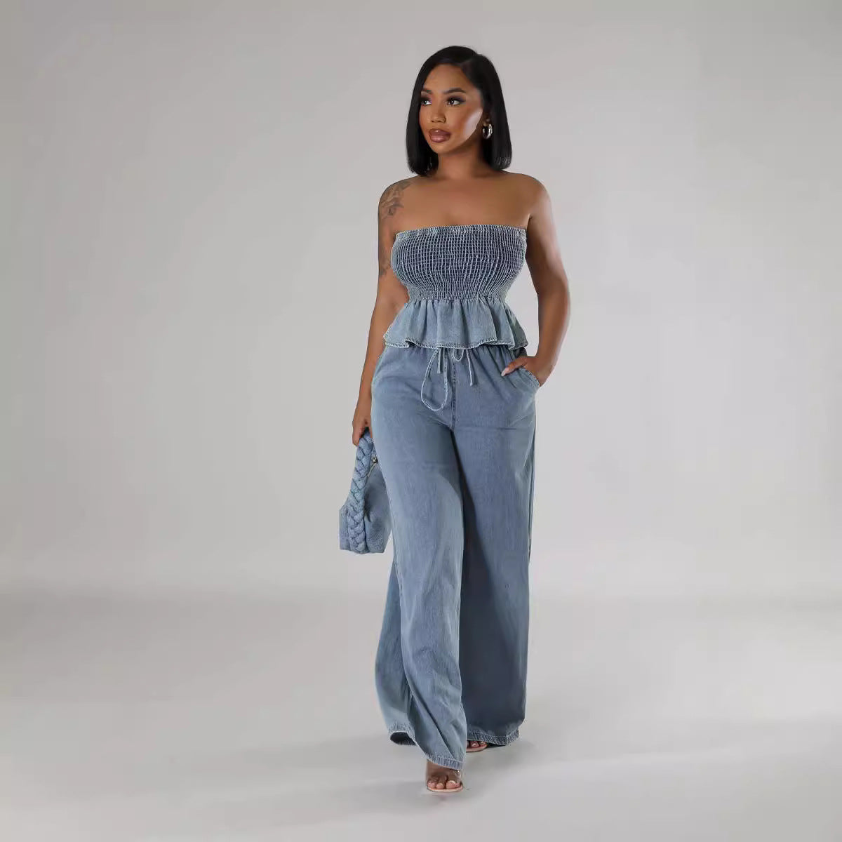 Ruffled Denim Tube Top Jumpsuit