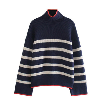 Winter Retro Mock Stripes Pullover Sweater