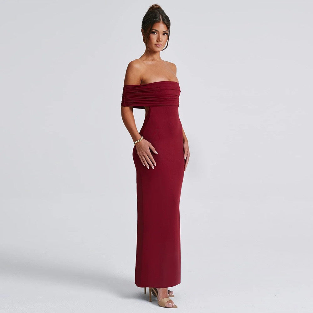 Red Off Shoulder Backless Pleated Dress