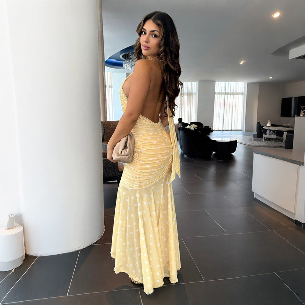 Halter Neck Printed Bodycon Dress – Ruched Backless High-Low