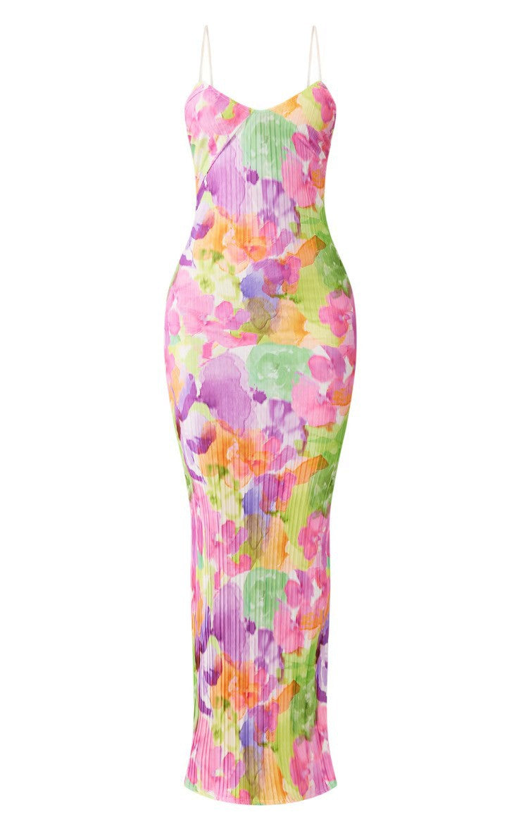 Sling Pleated Printed Sexy Maxi Dress