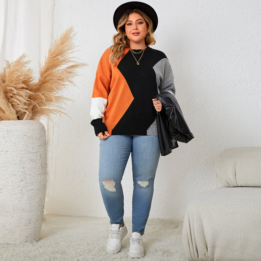 Plus Size Autumn Winter Loose Color Block Crew Neck Knitwear Women Pullover Sweater Women