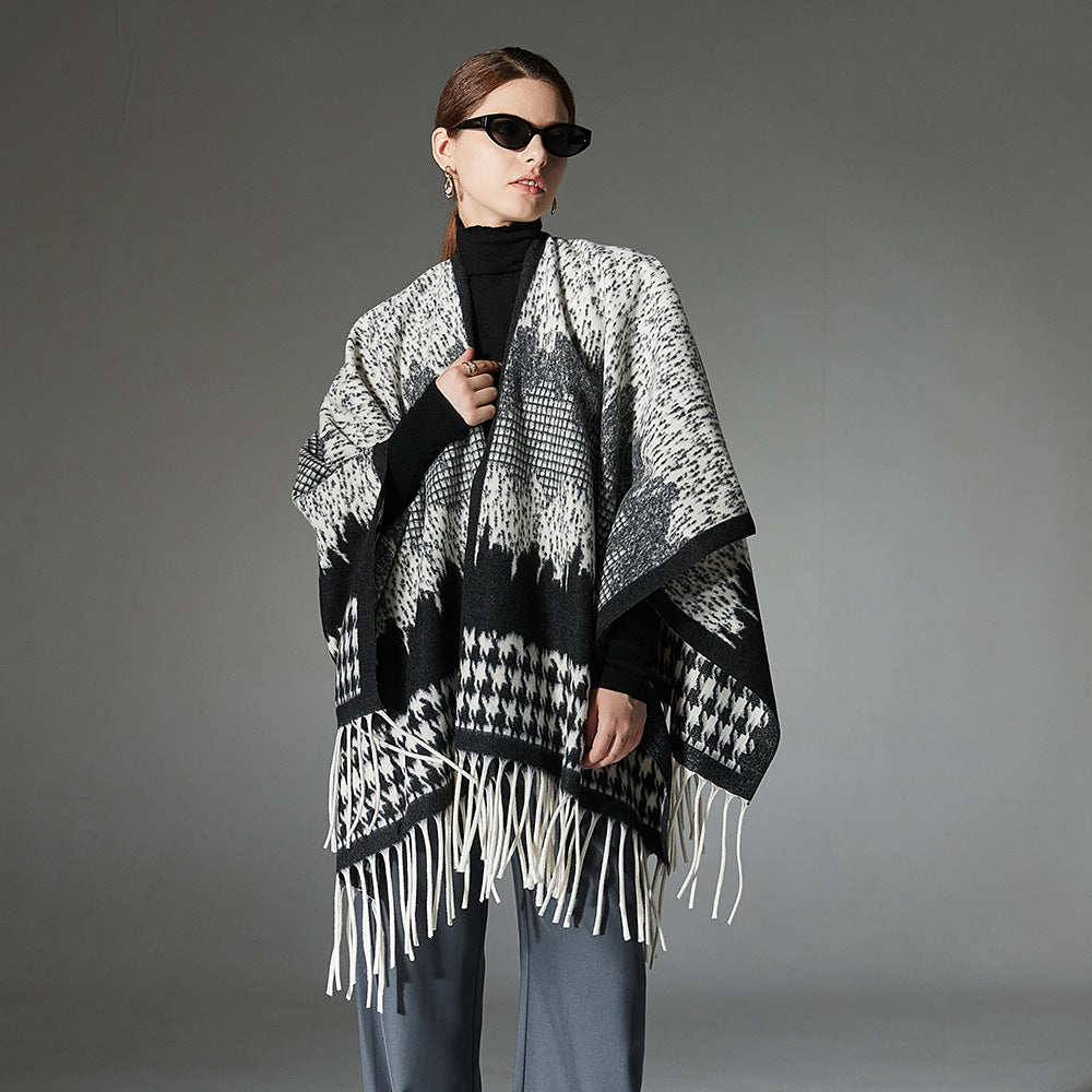 Wool Cloak Black And White Houndstooth Tassel Shawl