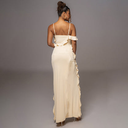 Spring Backless Slit Splicing Maxi Dress