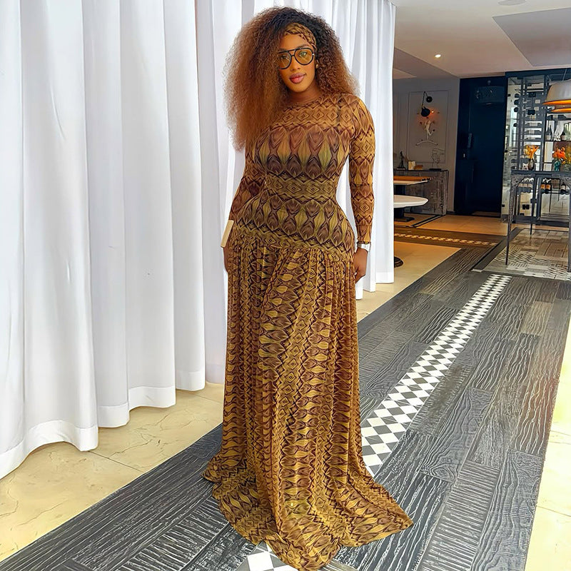 Elegant Retro Printing Micro A line Sheer Dress