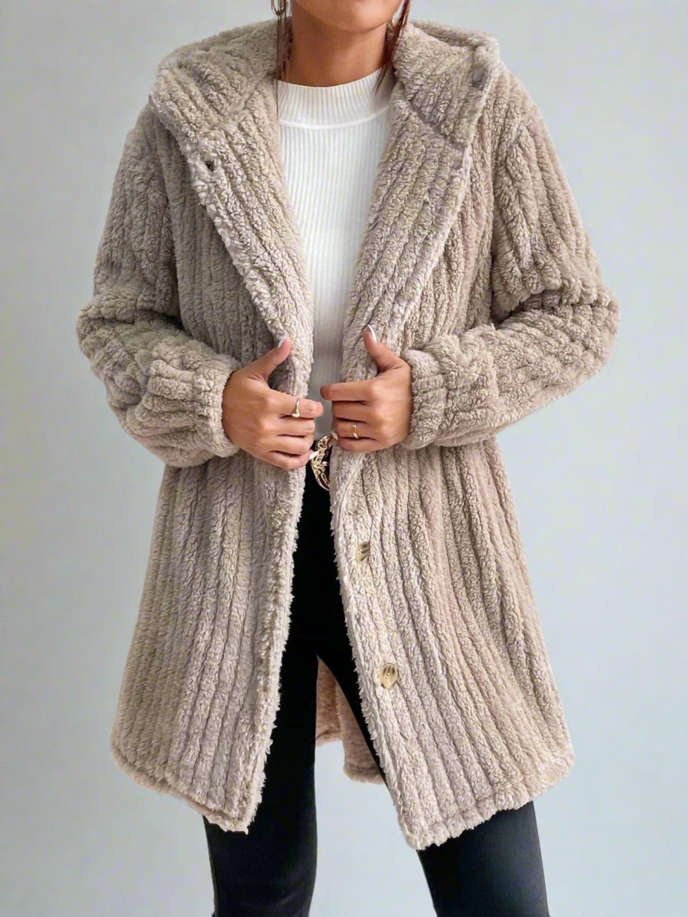 Faux Rabbit Plush Hooded Cardigan