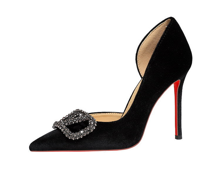 French Elegant Lady Ultra High Heel Stiletto Heel Red Bottom High Grade Rhinestone V Buckle Suede Shoes