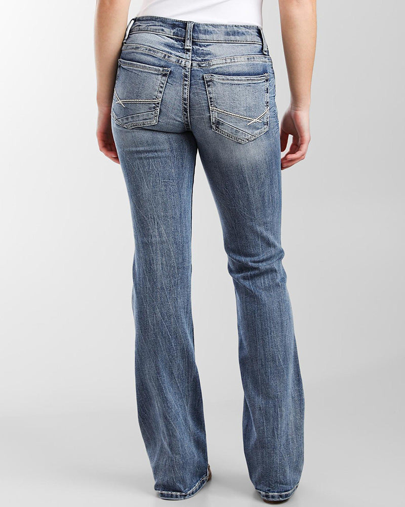 Ladies Vintage Embroidered Pocket Low Waist Jeans