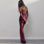 The Sheer Statement – Mesh Long Sleeve Ruched Maxi Dress