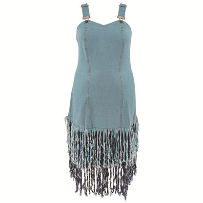 Curve Denim Sleeveless Sling Tassel Dress