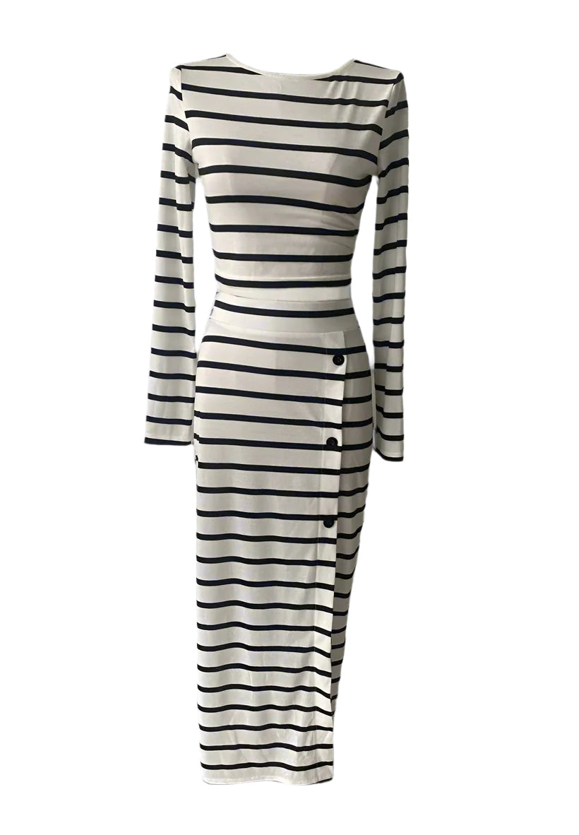 Striped Black White Button Skirt Sets