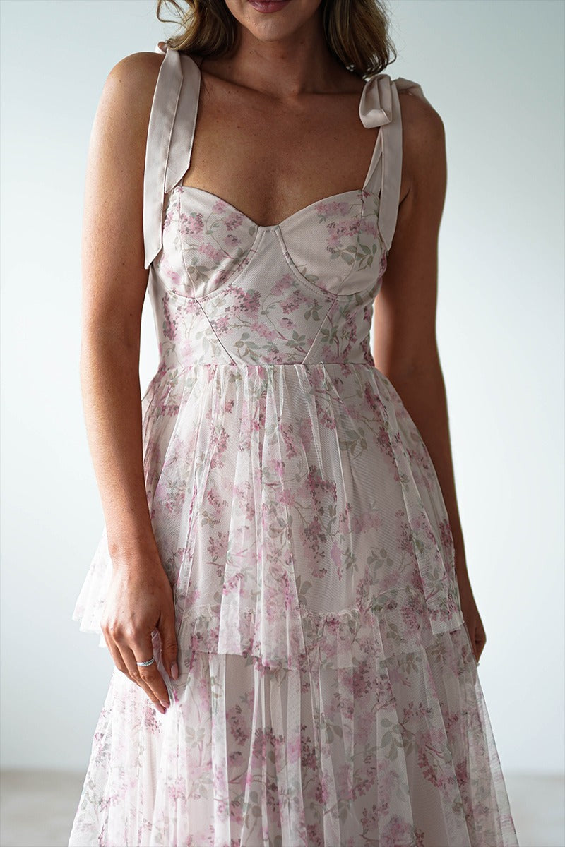 Middle East Sexy Sling Backless Cake Pink Floral Dress