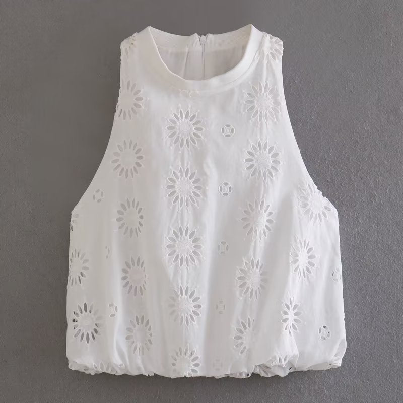 Summer Women Clothing Hollow Out Cutout Embroidered Top Skirt Set