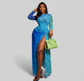 Woman in a blue dress holding a green handbag on a staircase