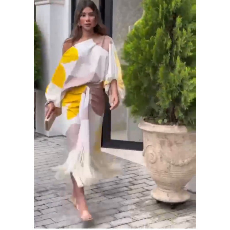 Loose Printed Lantern Top & Tassel Hem Skirt Set