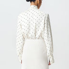 Ivory Polka Dot Satin Blouse – Elegant Long Sleeve Tie Shirt
