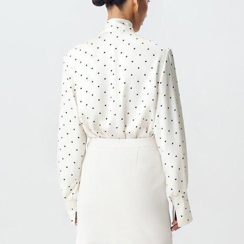 Ivory Polka Dot Satin Blouse – Elegant Long Sleeve Tie Shirt