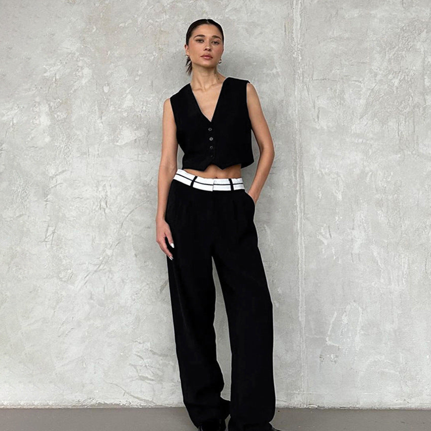 High Street Short Black Vest & Straight Leg Pants Set - ALL HERZ FASHIONS