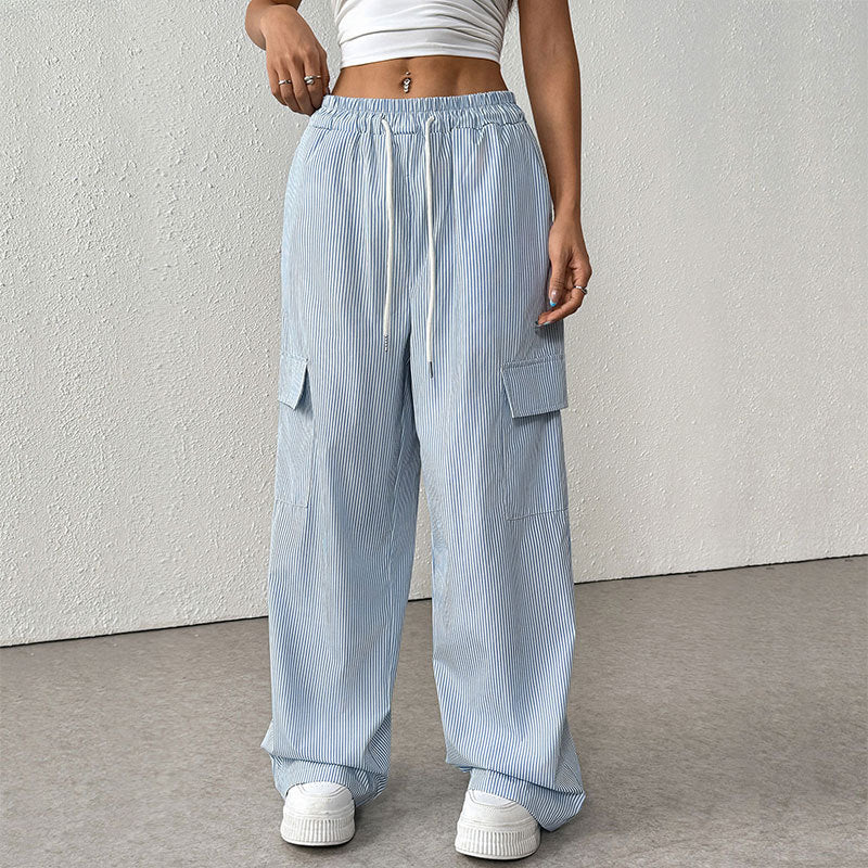Simple Tooling Striped Draw String Wide Leg Pants