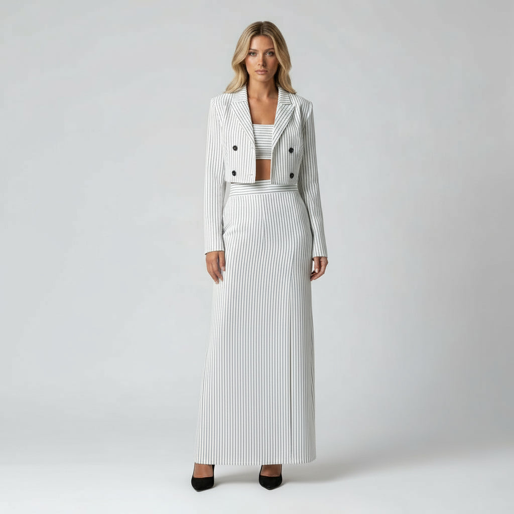 Striped Two Piece Short Blazer Skirt Set