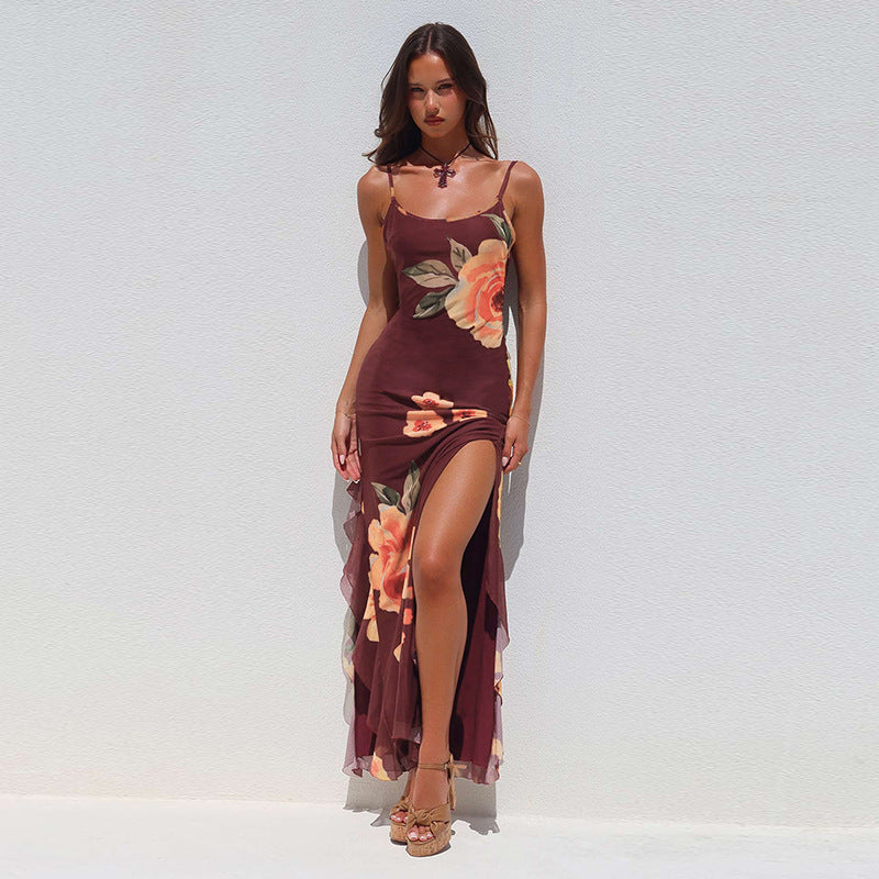 Floral Sheer Ribbon Slit Sheath Suspender Dress