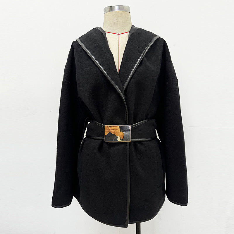 Black Hooded Batwing Belt Style Woolen Coat Jacket
