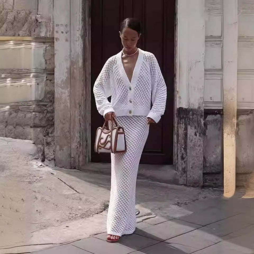 Pure White Knitted Maxi Skirts Set