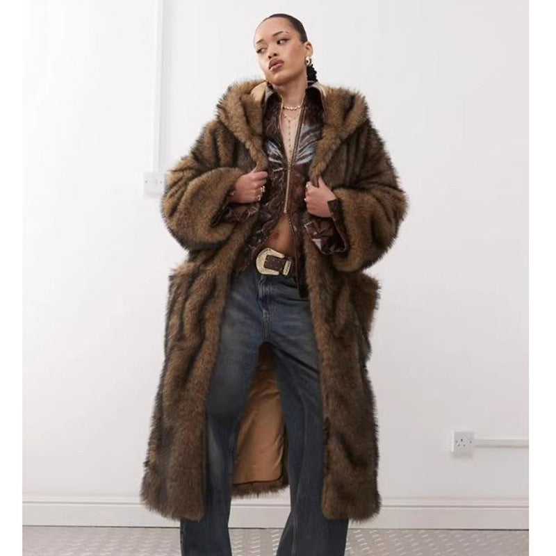 Faux Fur Hooded Trench Coat